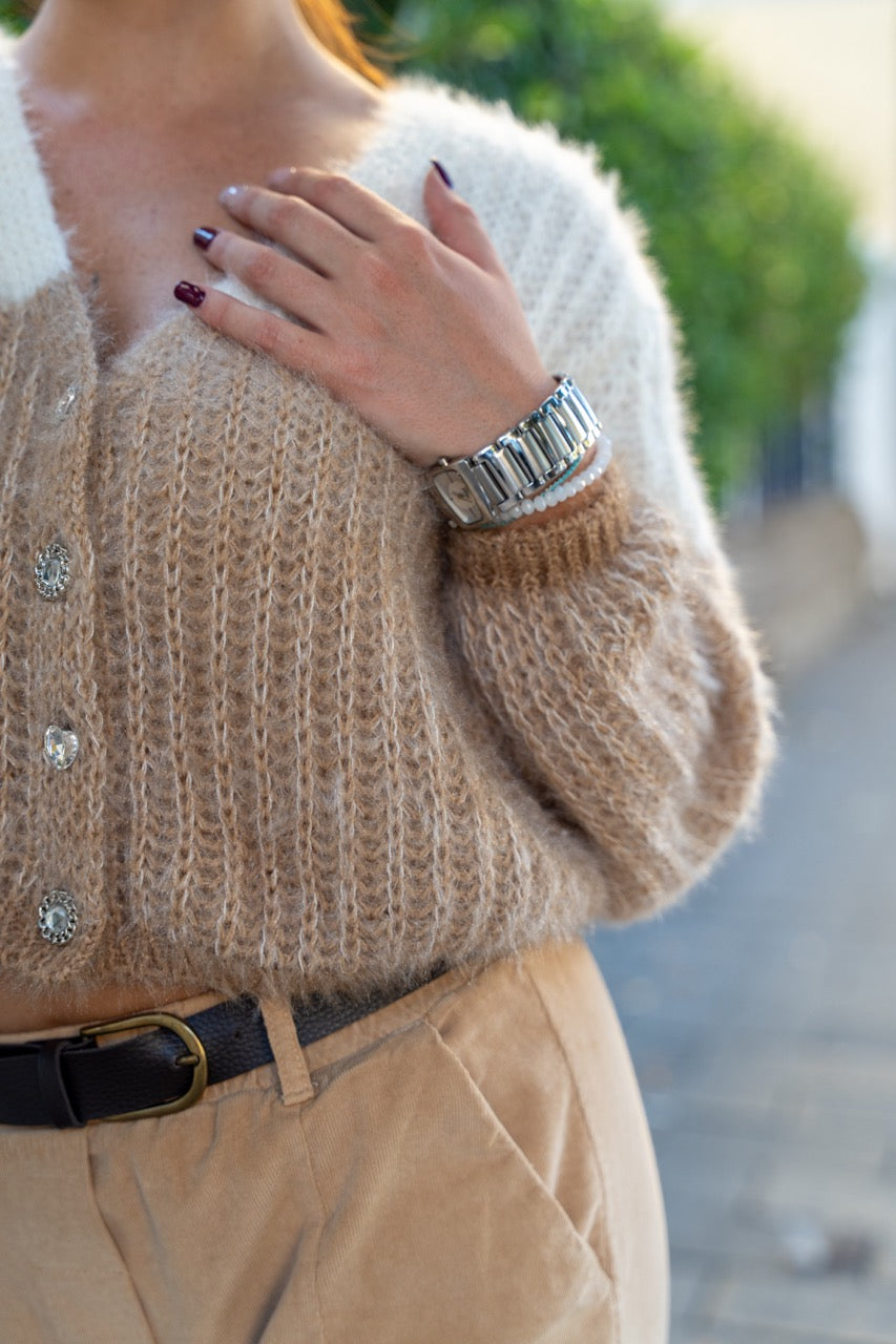 Cardigan bicolore bottoni gioiello No-Nà